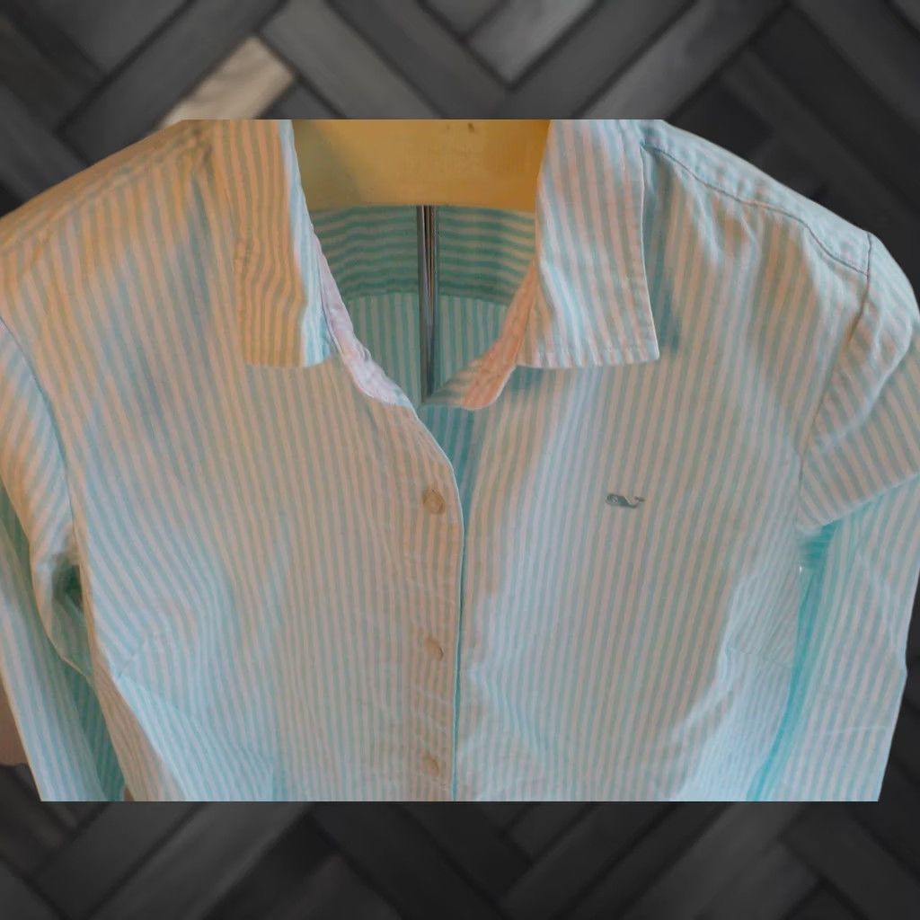 Vineyard Vines VINEYARD VINES Blouse Striped Long Sleeve Collared Teal White 100% Cotton SZ 8 Womens Size M / US 6-8 / IT 42-44 - 1 Thumbnail