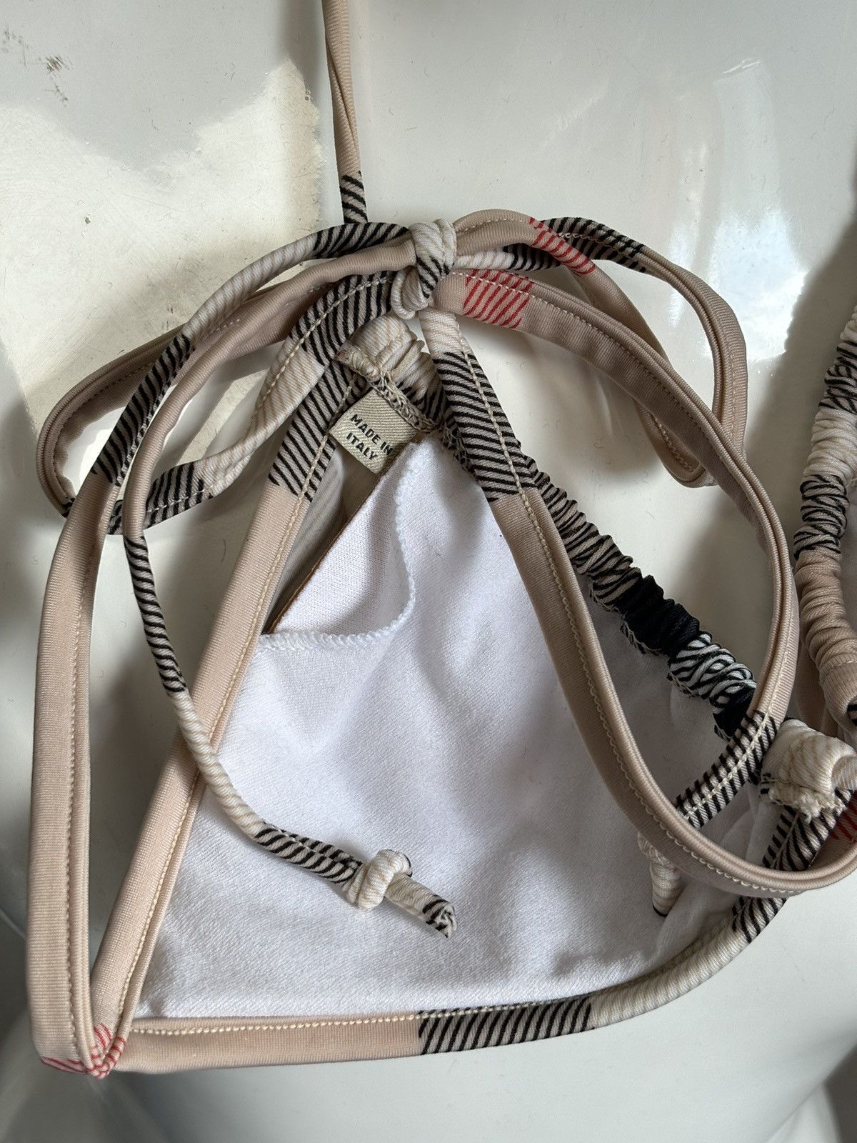 Burberry RARE Nova Check Swimsuit Stripe Trim Triangle Bikini Top Bra Size ONE SIZE - 19 Thumbnail