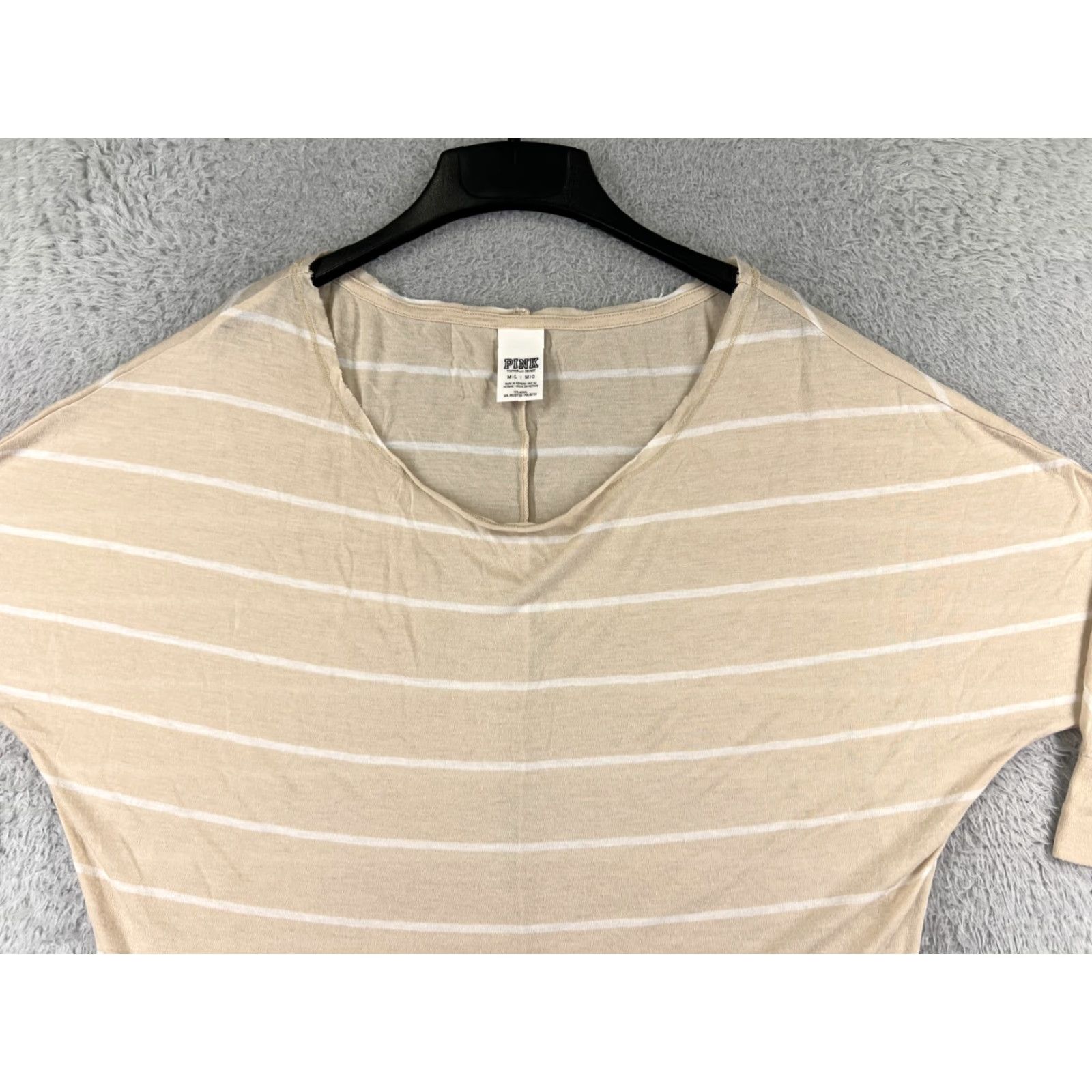 Victoria's Secret Victoria's Secret Women's Crop Shirt Medium Beige Striped Modal Jersey Short Sleeve Pullover Size M / US 6-8 / IT 42-44 - 5 Thumbnail
