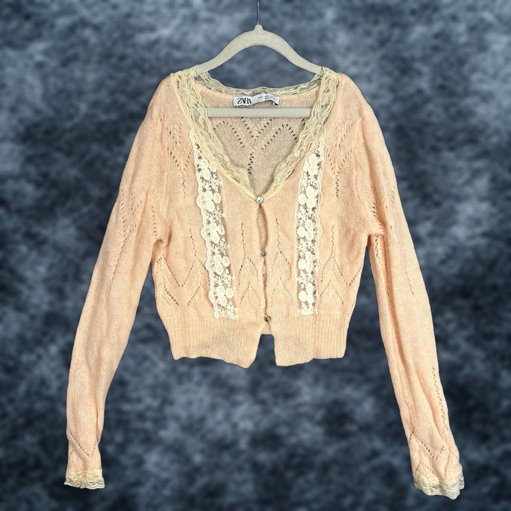 カーディガン ZARA - lace collar e button check knit cardigan Zara ZARA CHECK KNIT CARDIGAN LONG BLUE RETRO V-NECK PEARL