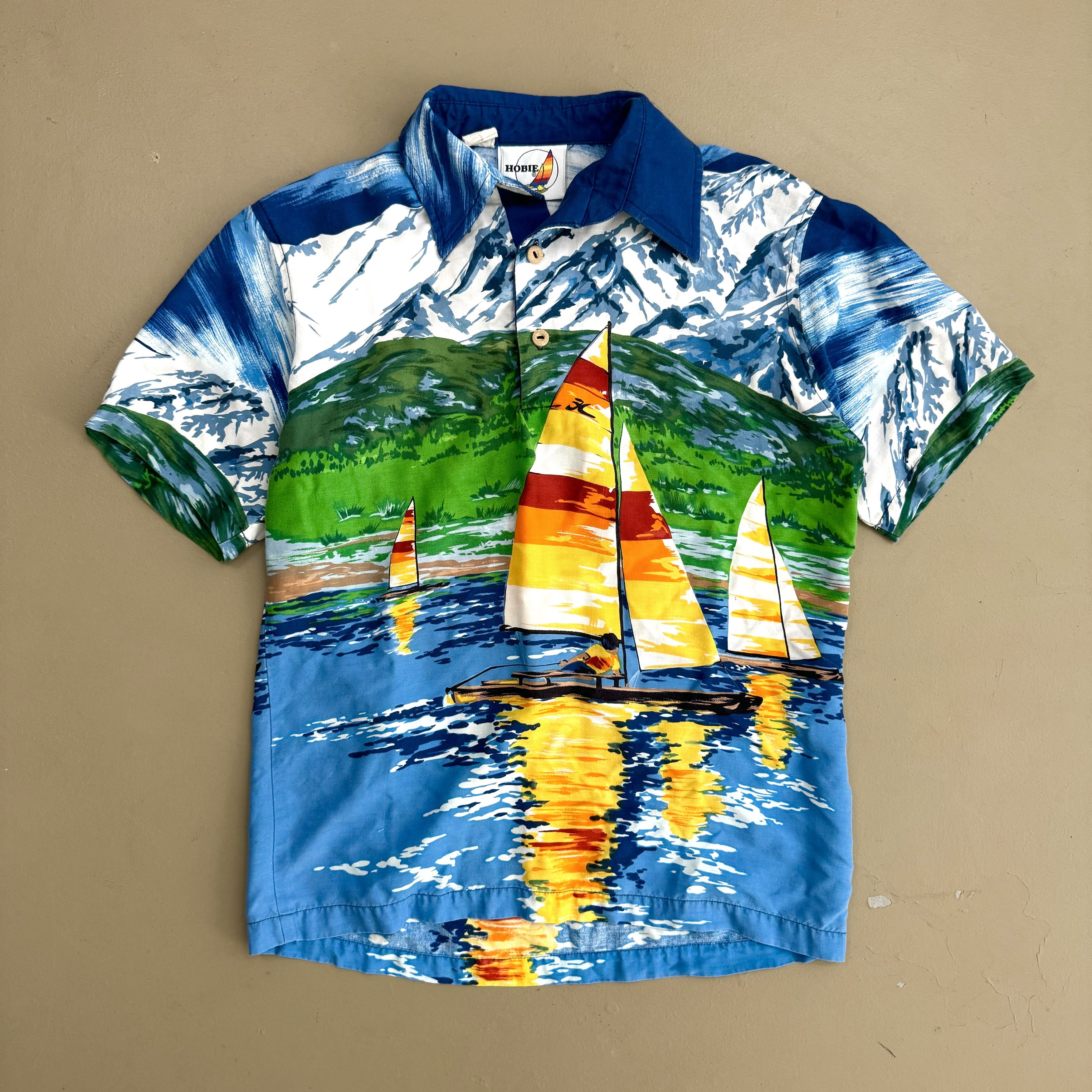 image of Surf Style x Vintage VTG 80's Hobie Rayon Polo Hawaiian Shirt Sailing Aop Surf, Men's (Size Small)