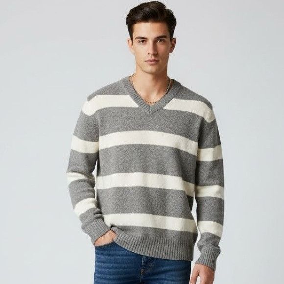 Express Vintage Express 100% Wool V-Neck Sweater in Gray Stripes Y2K Size US L / EU 52-54 / 3 - 1 Thumbnail