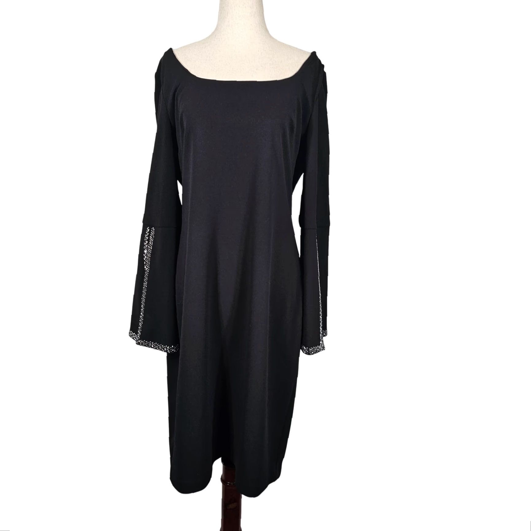 Calvin Klein Dress Womens 14 Black Bell Sleeve Rhinestone Trim Sheath Dress  Long Sleeve Square Neck