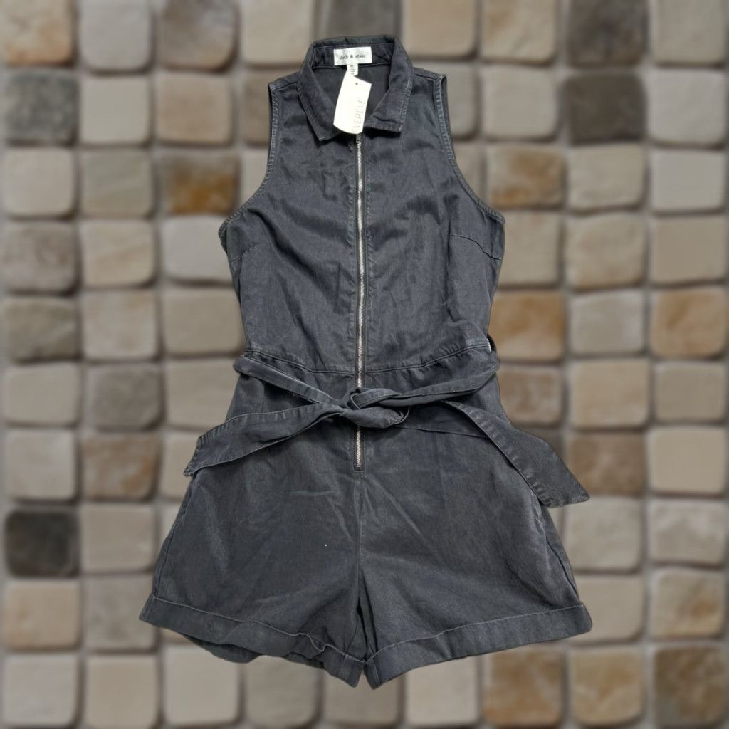 Denime Evereve By Cloth & Stone Romper Womens XS Black Cotton Denim Sleeveless Zip Pockets New Casual Spring Summer Size 26" / US 2 / IT 38 - 1 Thumbnail