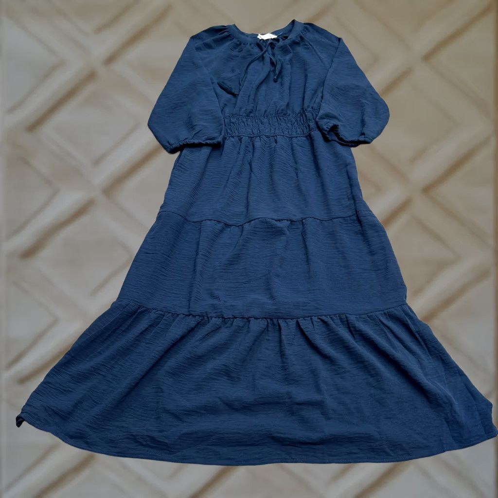 Lucky Brand Lucky Brand Boho Midi Dress Womens M Blue - V-Neck Smocked Tasseled Lightweight Rayon Polyester Casual Shirt/Shift Style Solar Bohemian 90s (N/A) Size M / US 6-8 / IT 42-44 - 1 Thumbnail