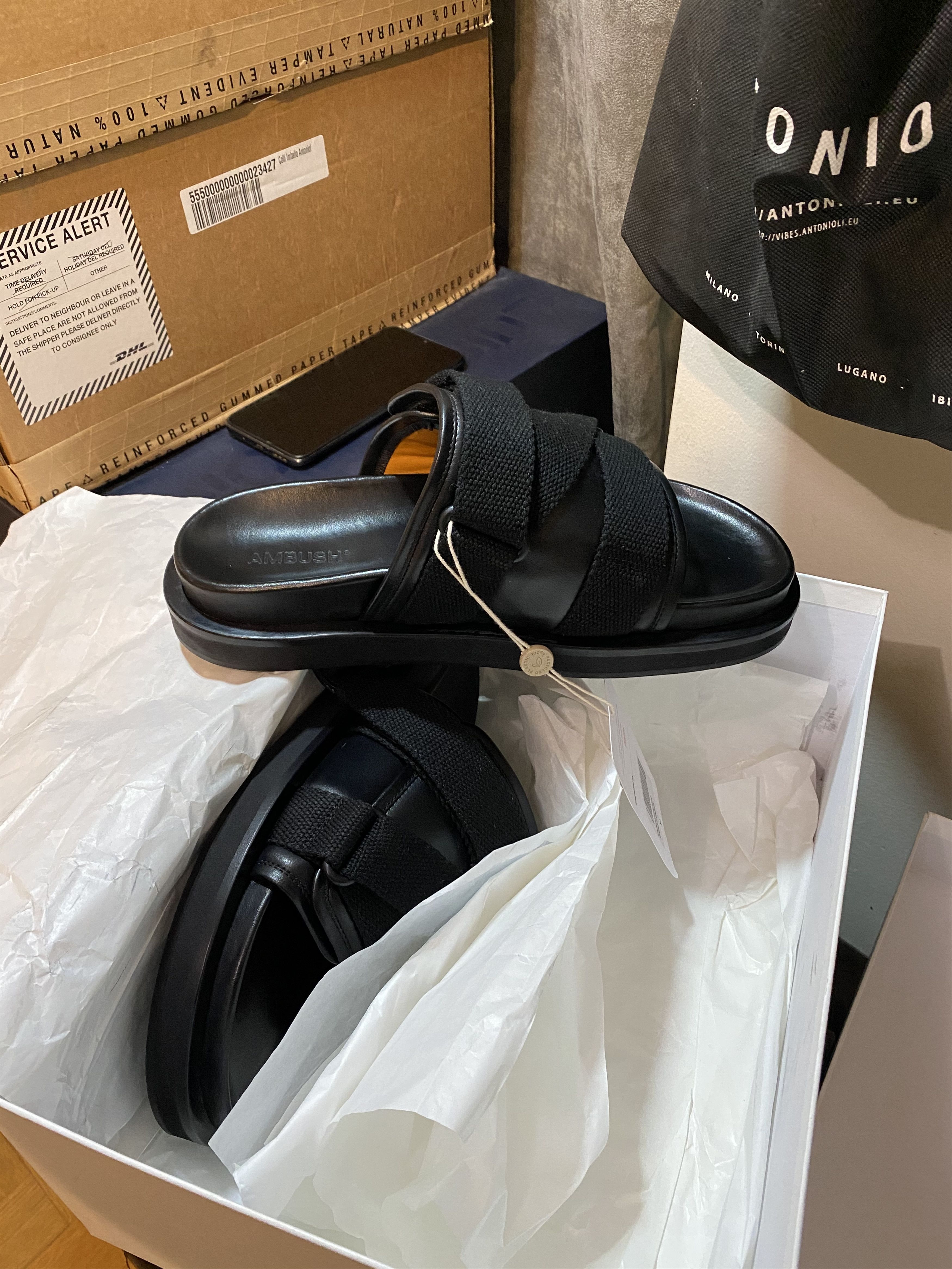 image of Ambush Design Ambush Black Leather Sandals, Men's (Size 8)