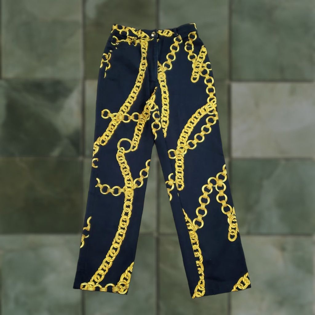 Vintage Carlisle Womens Pants 2 Blue Gold Chain Print High Rise Straight Leg Stretch Dress Pants Geometric Pockets Button Zip casual Womens Size 26" / US 2 / IT 38 - 1 Thumbnail