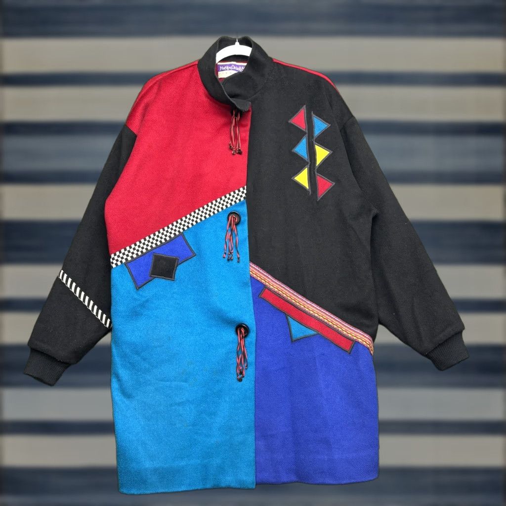 VINTAGE Mary Lou Ozbolt Storer Coat Womens M Wool Geometric 90s Multicolor Seattle Long Overcoat