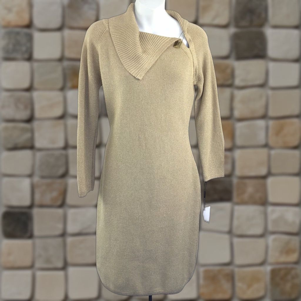 Calvin Klein Gold Glitter Cowl Neck Sweater Dress M Long Sleeve Casual  Party Workwear Womens