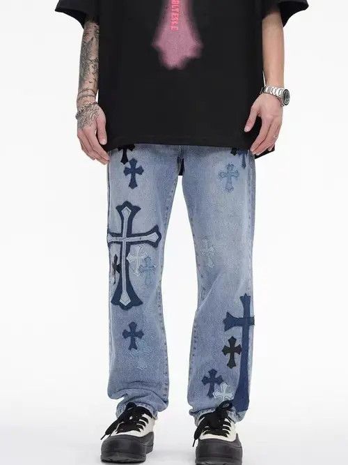 image of Vintage Cross High Street Wash Distressed Straight Jeans in Blue, Men's (Size 32)