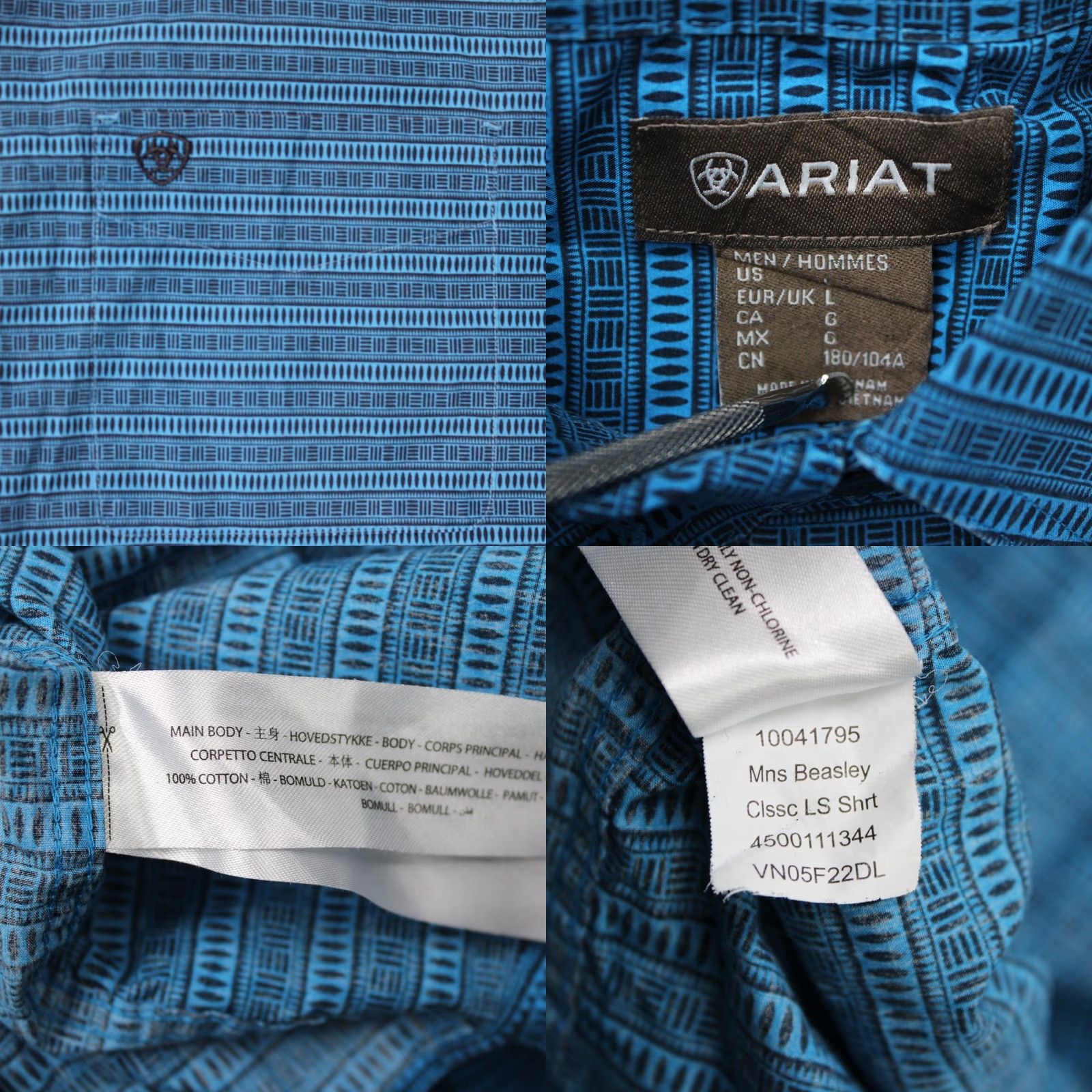 Ariat Ariat Beasley Button-Up Shirt Geometric Blue Mens Large Long Sleeve Classic Fit Western Cowboy Cap Collar Shirt-Blue 10041795 Size US L / EU 52-54 / 3 - 8 Thumbnail