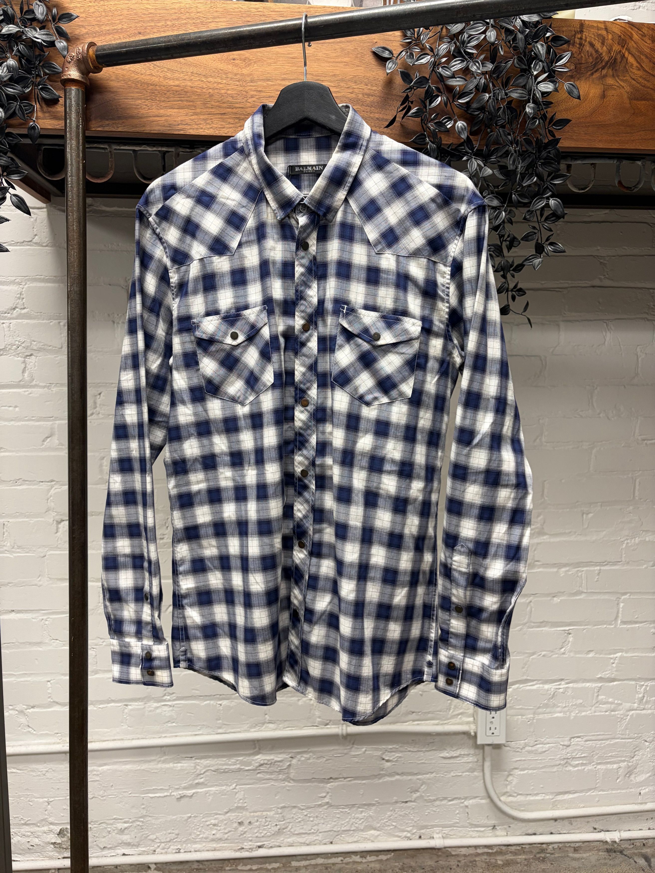 Balmain Balmain Blue Plaid Patterned Button Snap Collared Shirt Size US M / EU 48-50 / 2 - 1 Thumbnail