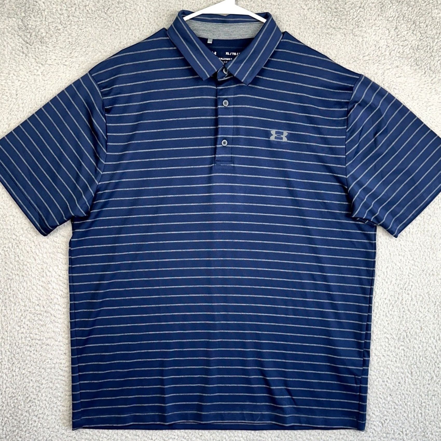 Under Armour Under Armour Playoff Polo Shirt Mens XL Navy Blue Striped HeatGear Golf Rugby EUC Size US XL / EU 56 / 4 - 3 Thumbnail