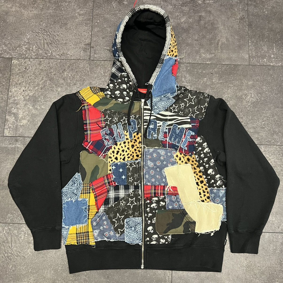 Supreme Patchwork Zip Up Hooded Sweatshirt Black Men's