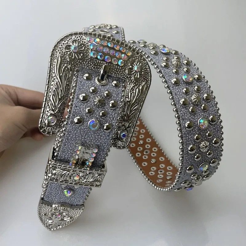 image of Gray Rhinestone Bling Buckle Pu Leather Belt in Grey, Men's