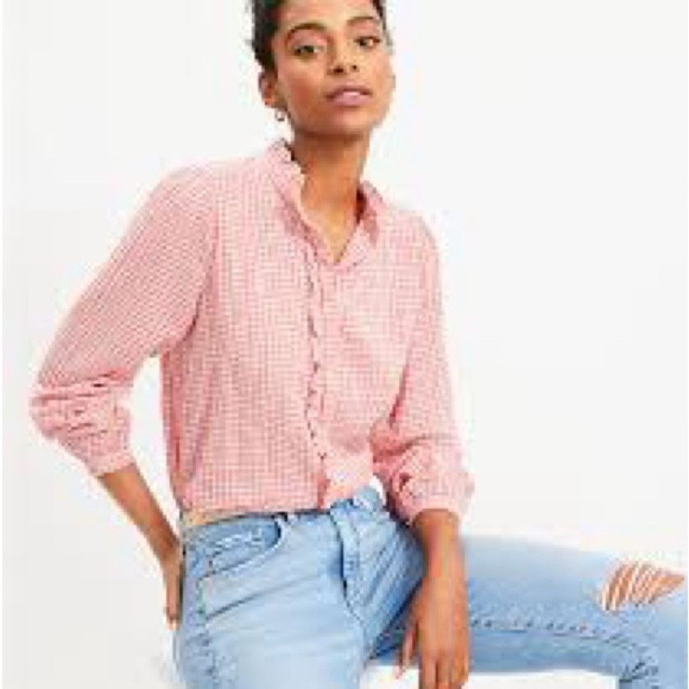 Loft Loft Petite Plaid Ruffle Shirt Red White Small Size S / US 4 / IT 40 - 2 Thumbnail