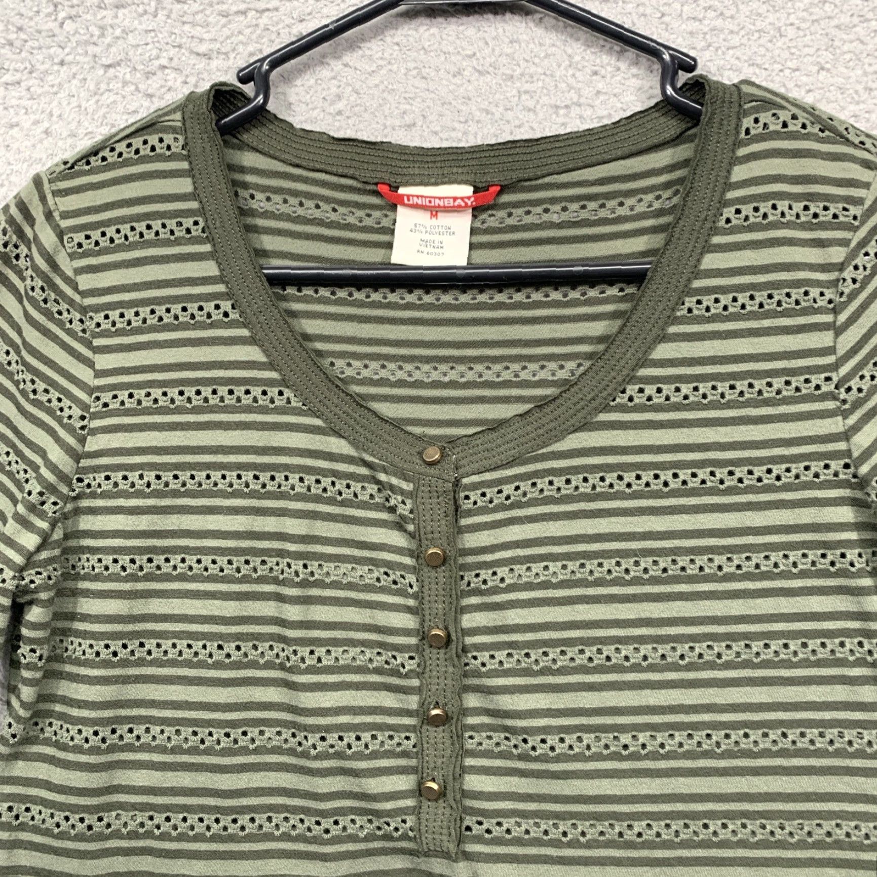 Vintage VINTAGE Union Bay Womens Top M Forest Green 3/4 Sleeve Breathable Rounded Hem Stripes & Lace Holes Cotton Polyester Pullover Button KnITS Womens Size M / US 6-8 / IT 42-44 - 4 Thumbnail