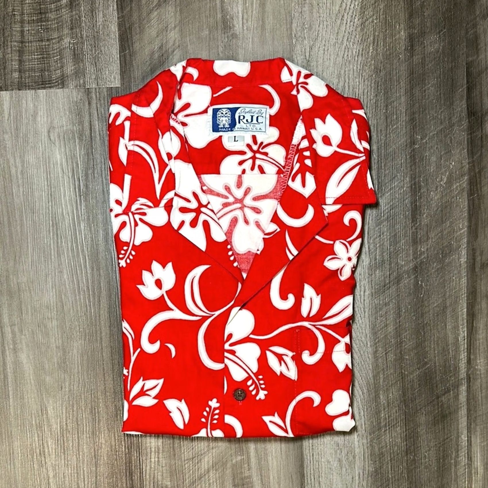X-LARGE RJC Robert J. Clancey Hawaiian Floral Short Sleeve Button Down - Large Men Red White Gray Outline Floral Cotton 100% Shirt Mens L Size US 33 - 2 Thumbnail