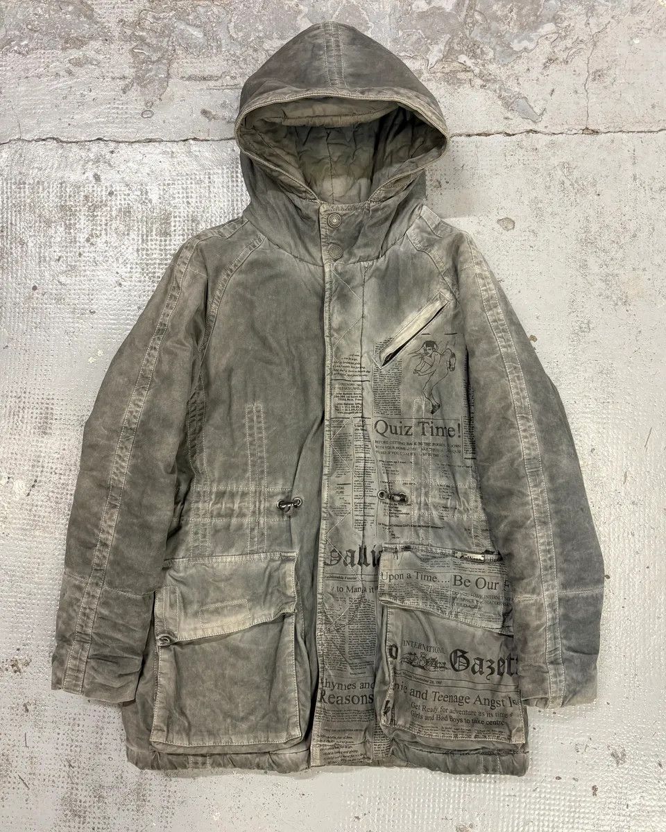 2010s John Galliano Grey Cargo Newspaper Print Hooded Parka