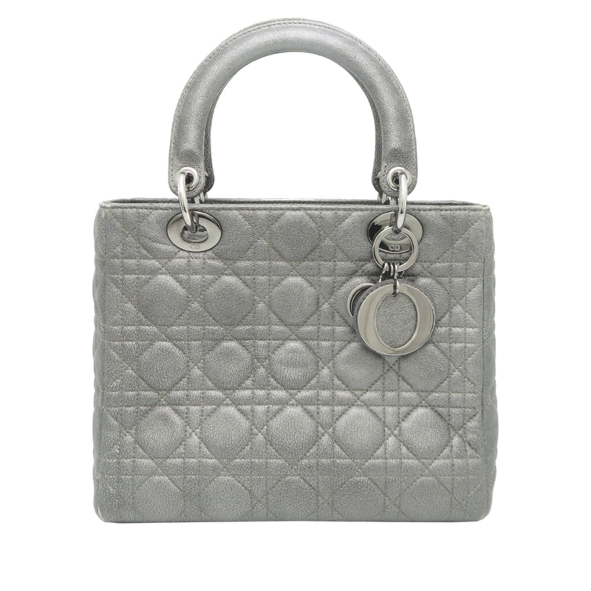 Christian Dior Lady Medium (Sold Out) Women's Leather Handbag Gray (Silver)