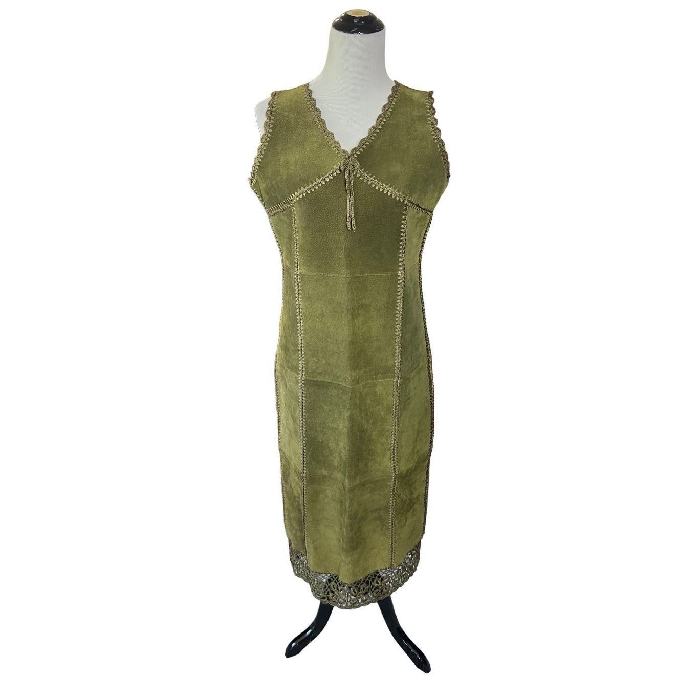 Other S.M.H. Boutique Patchwork Leather Olive Midi Dress Size 8 Size M / US 6-8 / IT 42-44 - 1 Thumbnail
