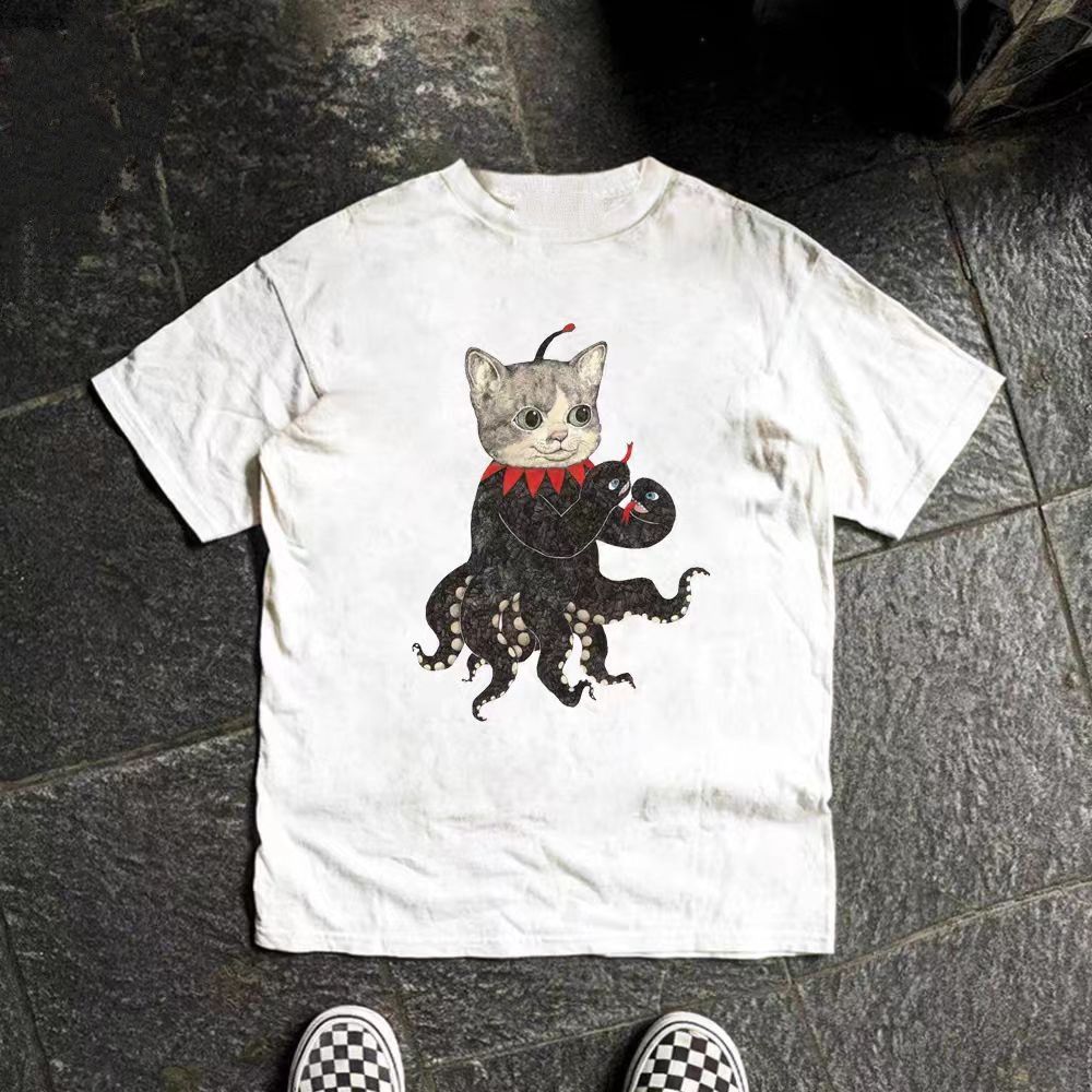 Vintage White street washed retro octopus cat print t-shirt Size US M / EU 48-50 / 2 - 1 Thumbnail