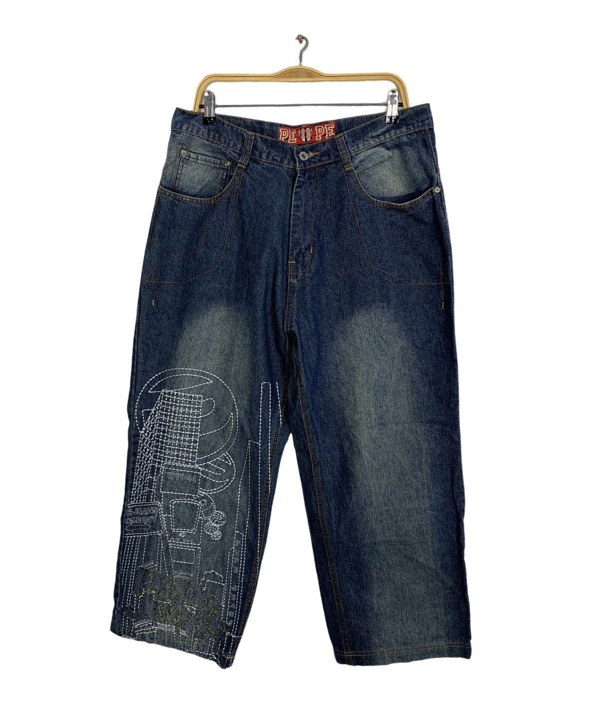 Pepe Jeans Pepe Art Indigo Embroidery Stitching Baggy Straight Cut Size US 35 - 2 Thumbnail