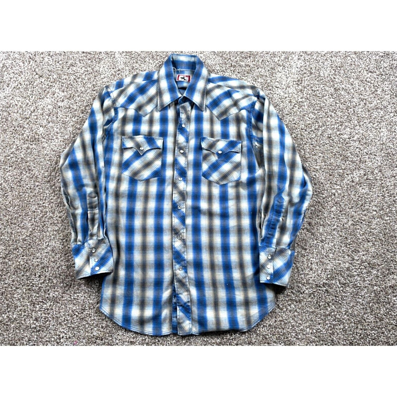 Vintage VINTAGE Men's 80s Shadow Plaid Flannel Western Shirt Medium Casual Workwear Gray Blue Pearl Snap Size US M / EU 48-50 / 2 - 2 Thumbnail