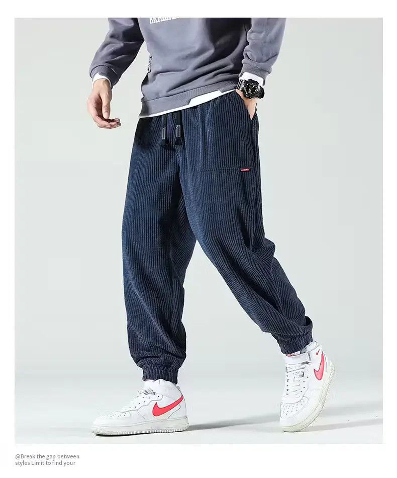 image of Autumn Winter Corduroy Sweatpants Men Baggy in Blue (Size 33)
