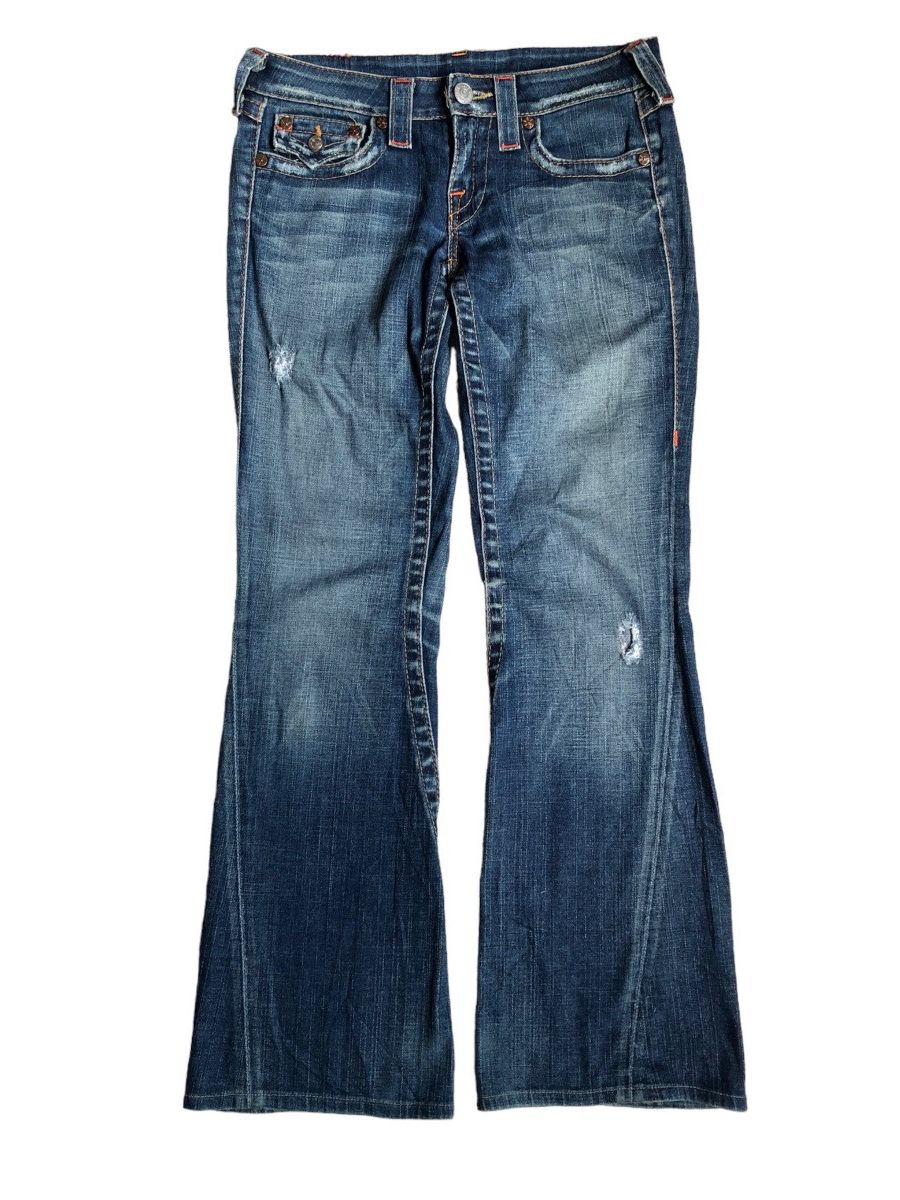 image of Rock Revival x True Religion Joey Low Rise Spiral Cut Flared Jeans in Blue Wash, Men's (Size 31)