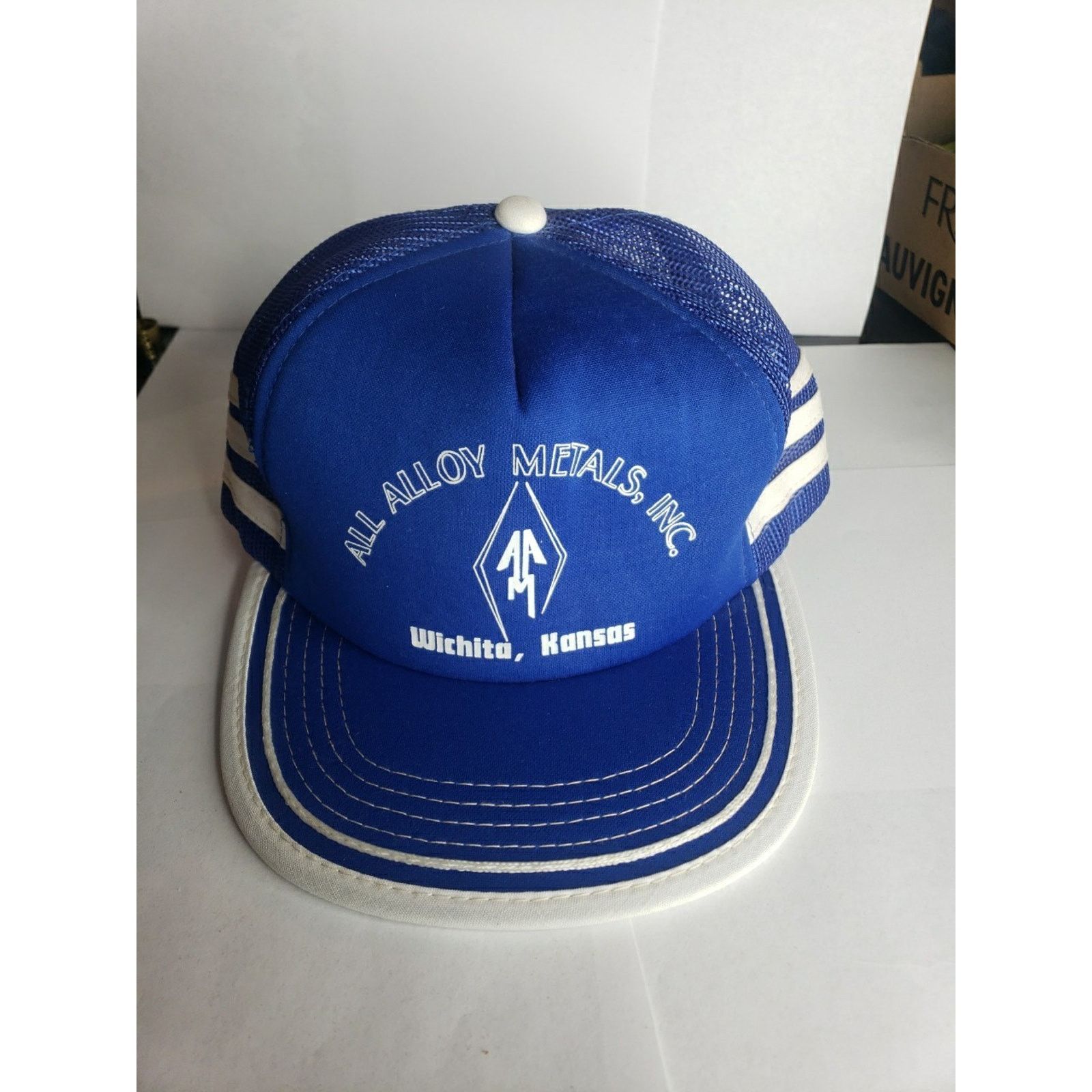 Vintage VTG Three Stripe Trucker Hat USA Mesh 70s 80s Blue Metal Size ONE SIZE - 1 Thumbnail