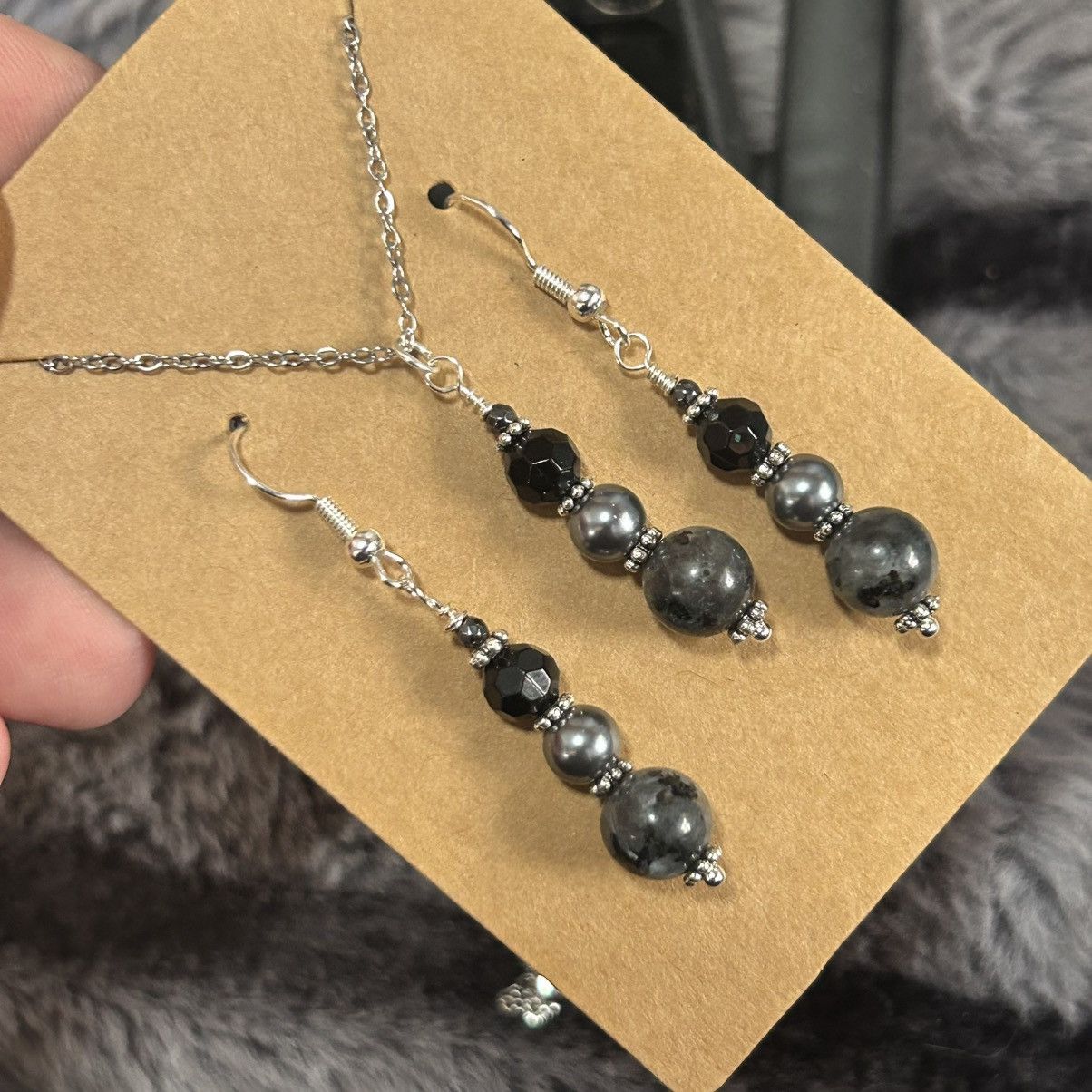 Handmade Handcrafted larvikite Czech glass pearl crystal necklace set Size ONE SIZE - 1 Thumbnail