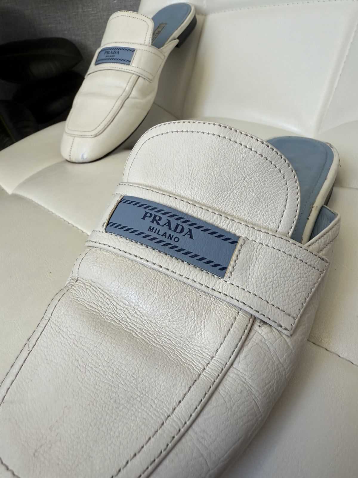 Prada Prada White Leather Backless Loafers Mules Blue Logo Detail Size US 9 / IT 39 - 5 Thumbnail