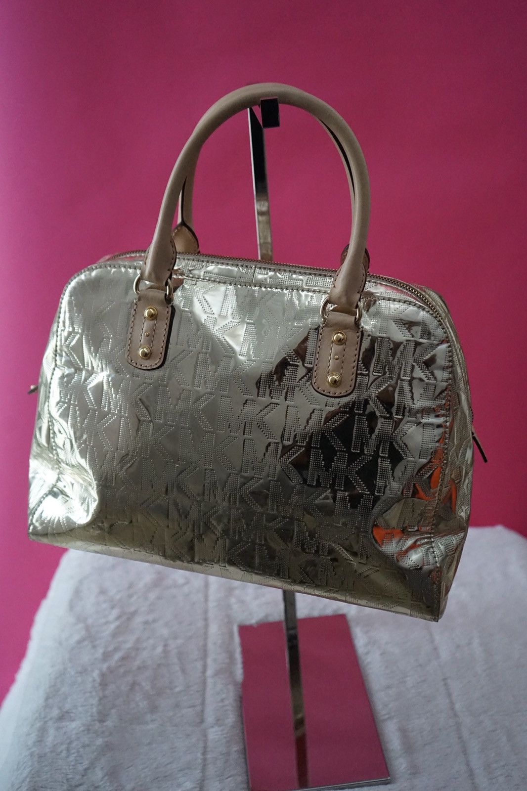 Michael Kors MICHAEL KORS Metallic Gold Mirror MK Logo Embossed Satchel Size ONE SIZE - 2 Thumbnail