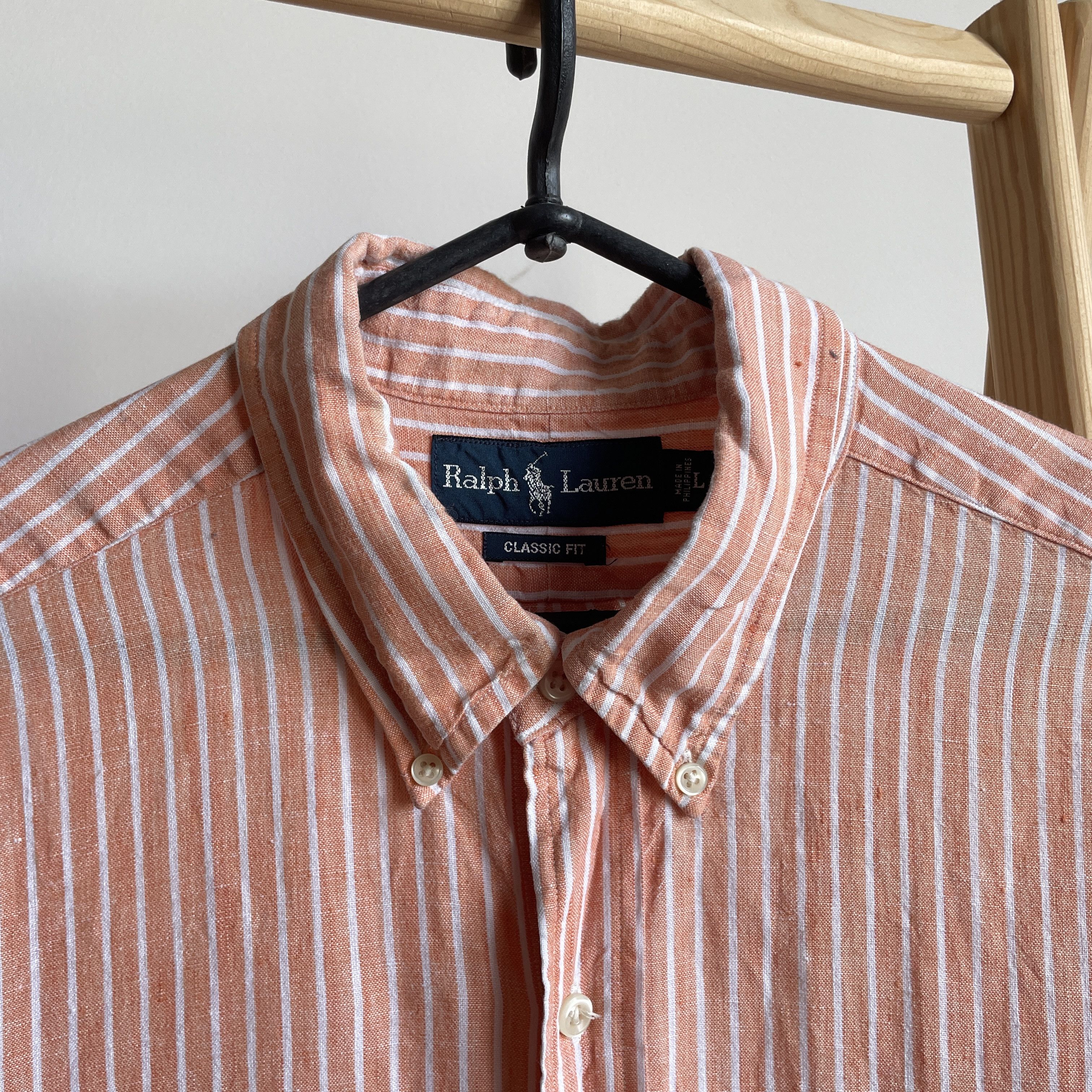 Polo Ralph Lauren Polo Ralph Lauren Vintage Salmon Striped S/S Linen Shirt Size US L / EU 52-54 / 3 - 4 Thumbnail