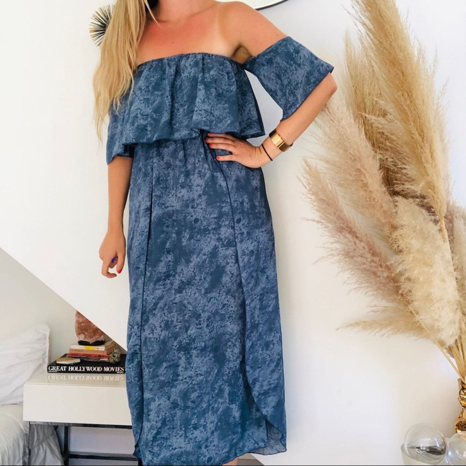 Nordstrom I JOAH Blue White Tube Off Shoulder Ruffle Slit Maxi Dress Size M / US 6-8 / IT 42-44 - 3 Thumbnail