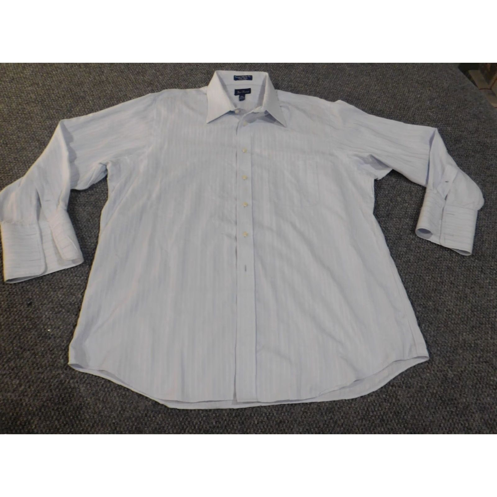Vintage Paul Fredrick Dress Shirt Mens 17.5 Blue Pinpoint Button Up Collar Down Barrel Cuff Non-Iron Breathable Easy Care Fabric Knit Size 48R - 5 Thumbnail