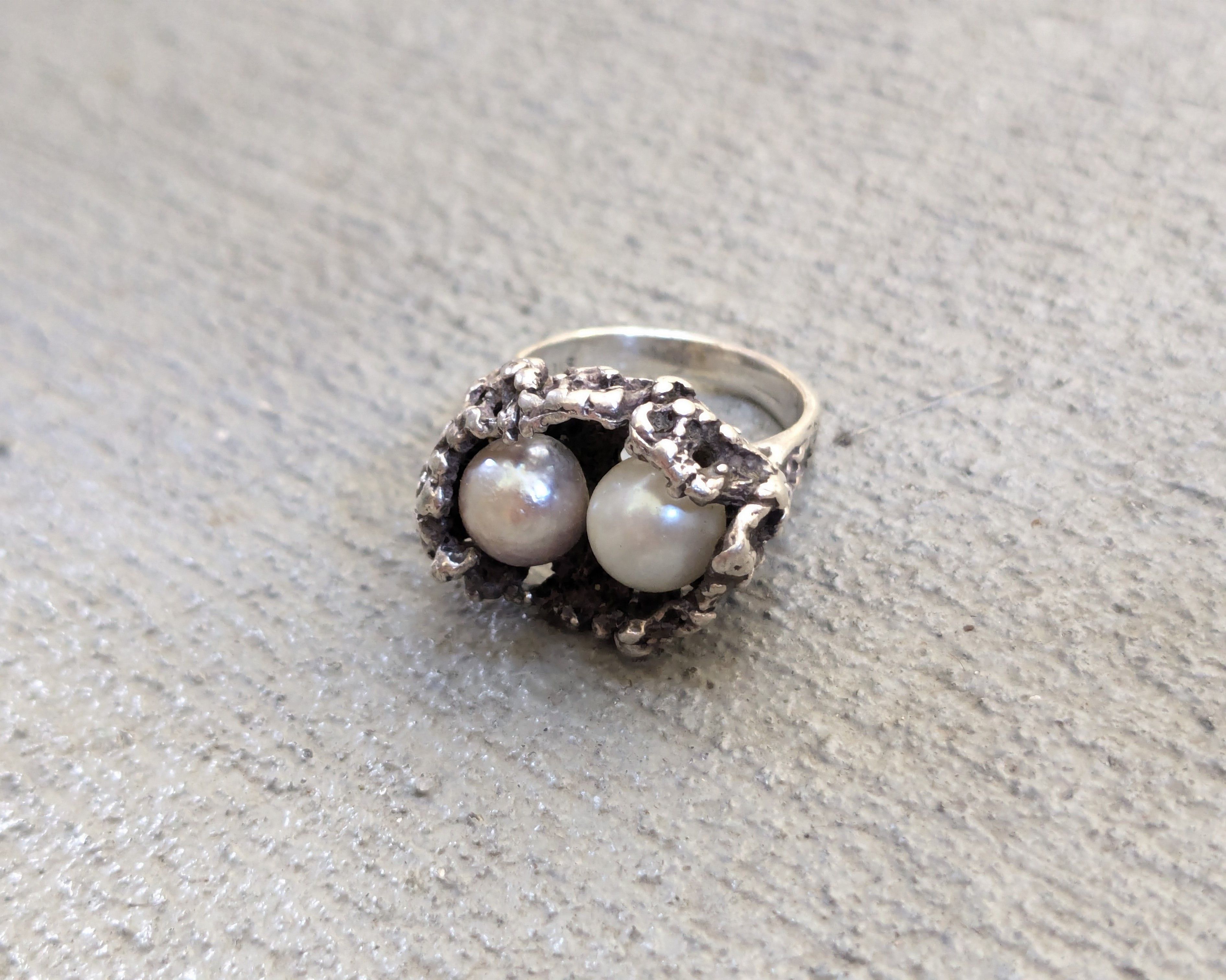Other Vintage Sterling Silver Ring Pearl Brutalist Modern Abstract Size ONE SIZE - 2 Thumbnail