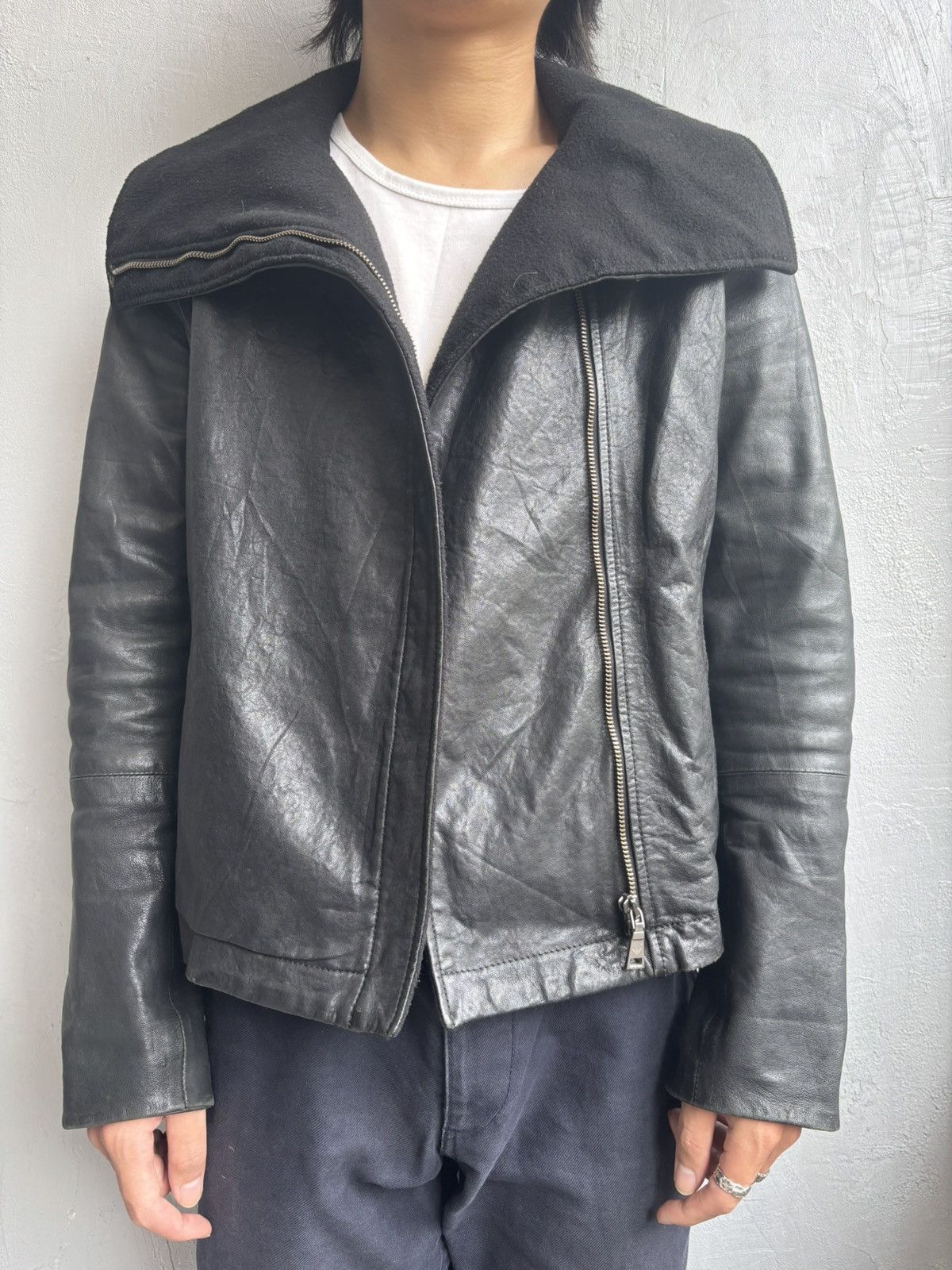 Emporio Armani Emporio Armani 2009 asymmetrical high neck leather jacket Size US S / EU 44-46 / 1 - 3 Thumbnail