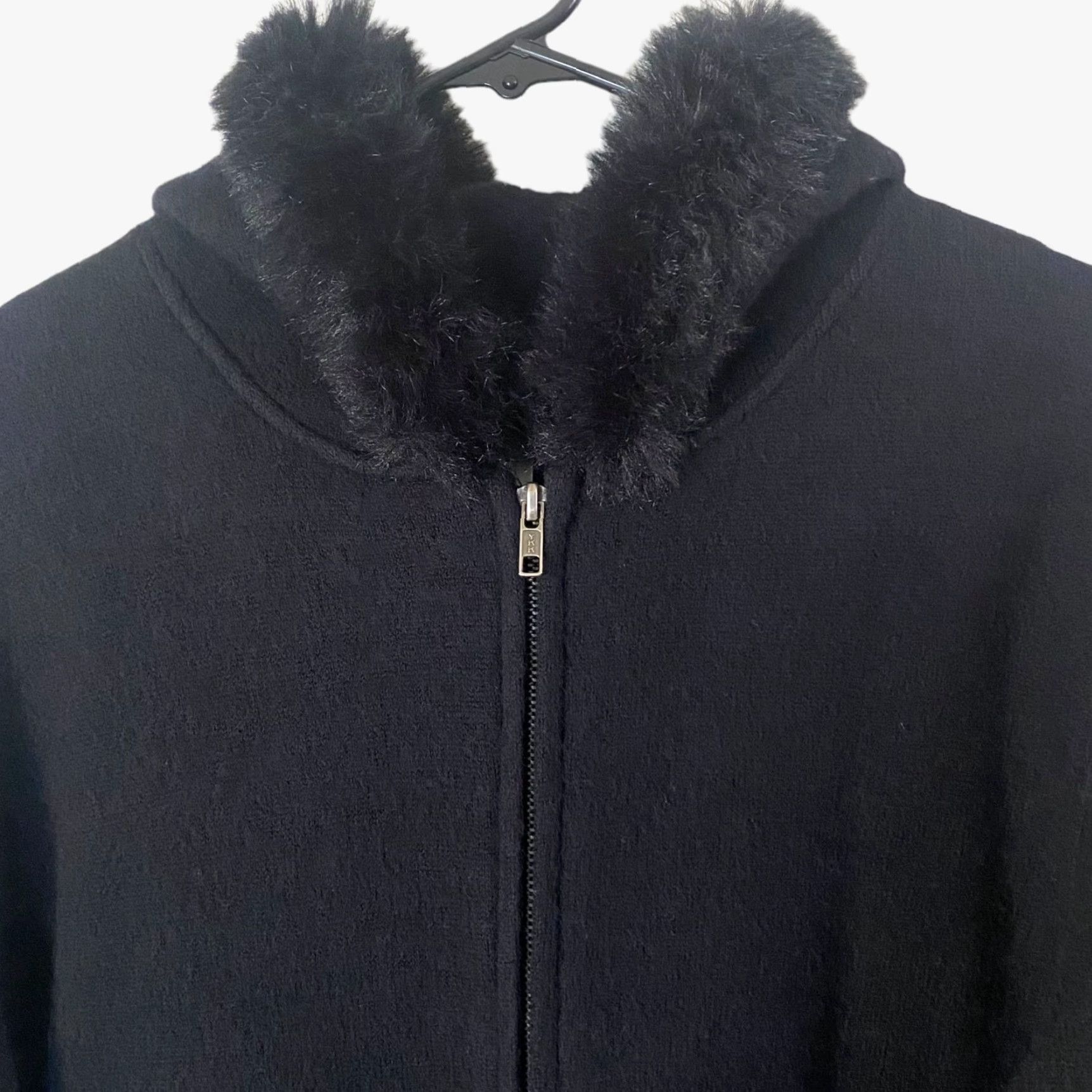 Jones New York VINTAGE Jones New York Wool Jacket Black Faux Fur Hooded Full-Zip Women's Large Size L / US 10 / IT 46 - 5 Thumbnail