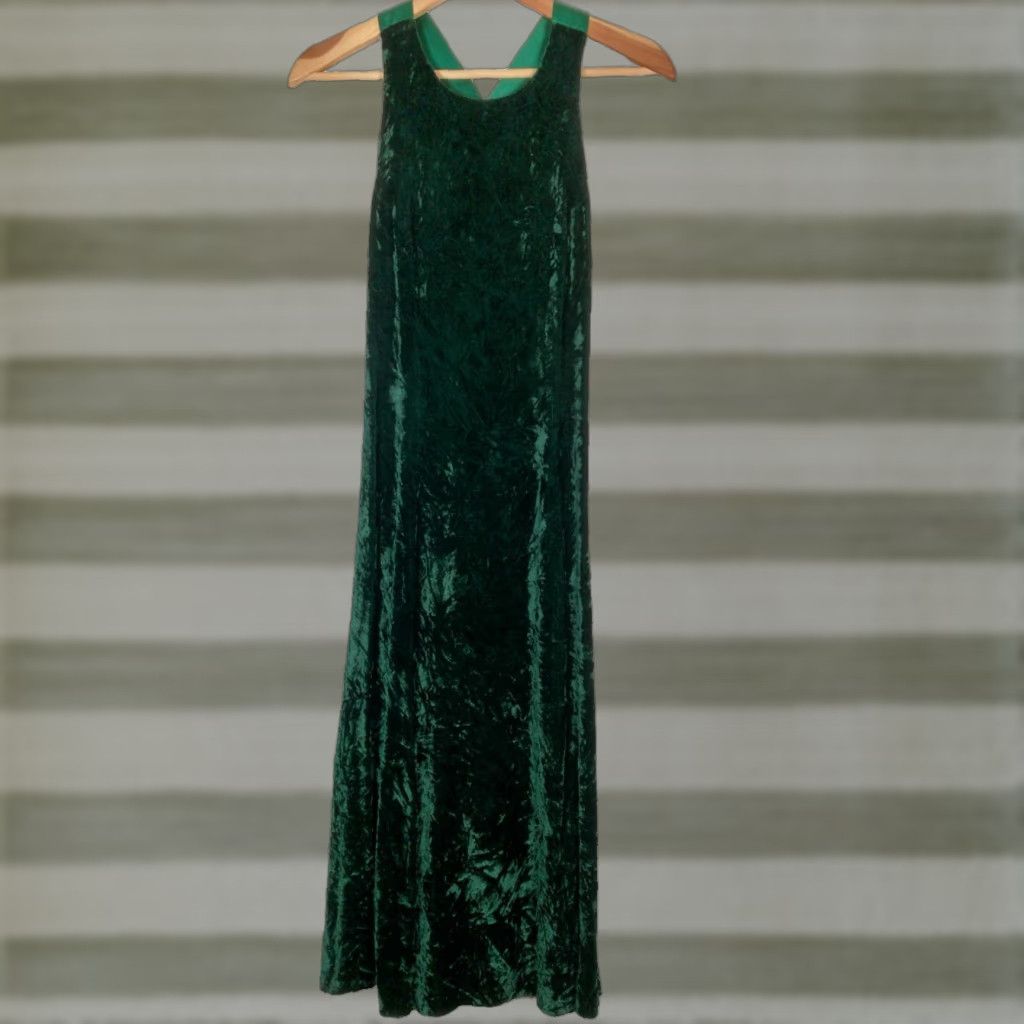 Vintage VINTAGE Donna Ricci Dress Women's Slip Dress Green Velvet Sleeveless Bow 1990s Petite Size 4 Long Size S / US 4 / IT 40 - 1 Thumbnail