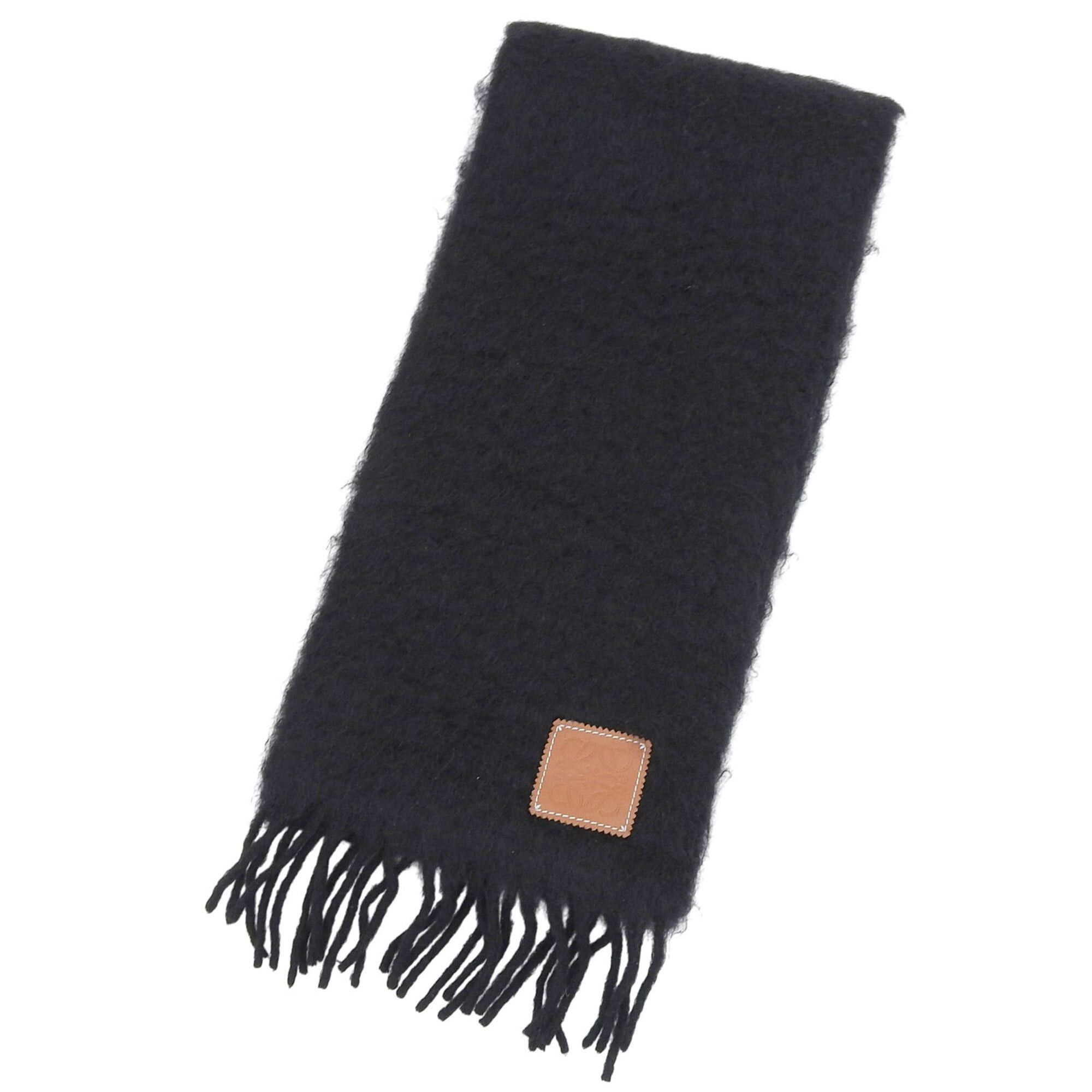 Loewe LOEWE Mohair Wool Blend Anagram Leather Patch Fringe Long Scarf, Black, Made in Spain, Authentic, Women's Size ONE SIZE - 1 Thumbnail