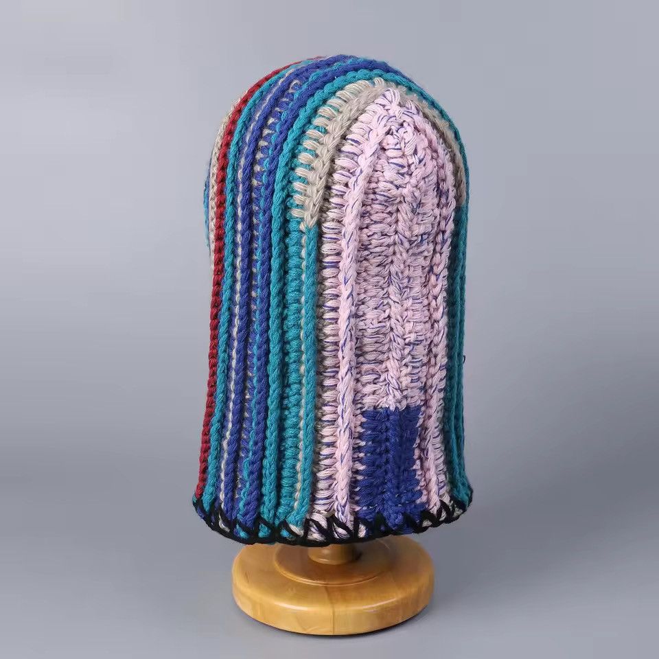 Handmade Colorful Dopamine Crochet Striped Woolen Balaclava Cap Size ONE SIZE - 3 Thumbnail
