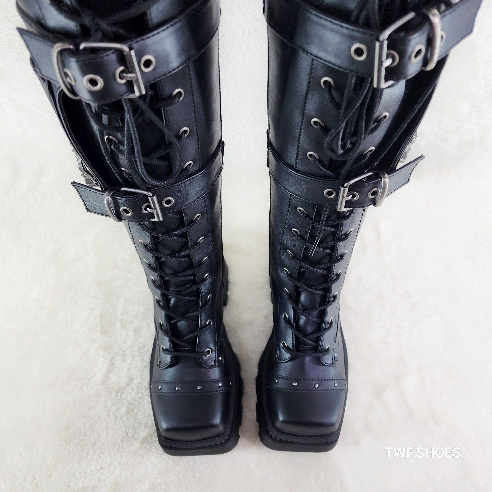Demonia Cult DEMONIA Wicked Wrath Square Toe Goth Lace Up Knee High Boots Size US 7 / IT 37 - 5 Thumbnail