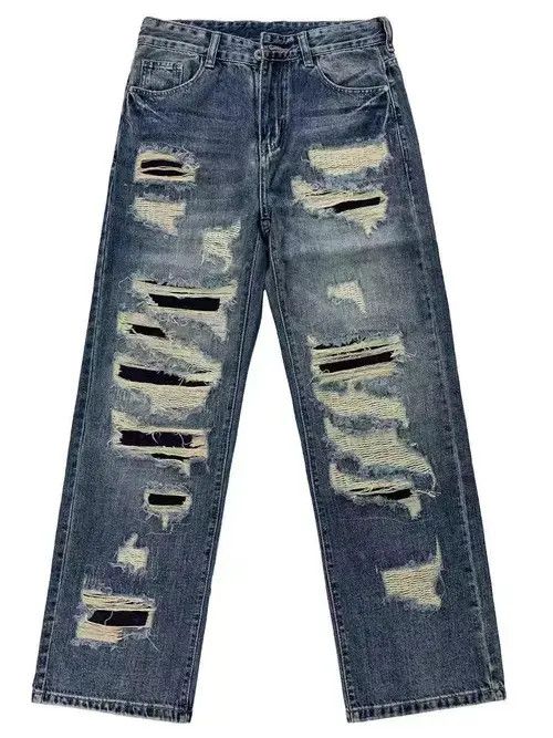 Jean Vintage washed and worn patched loose hip hop jeans Size US 36 / EU 52 - 5 Thumbnail