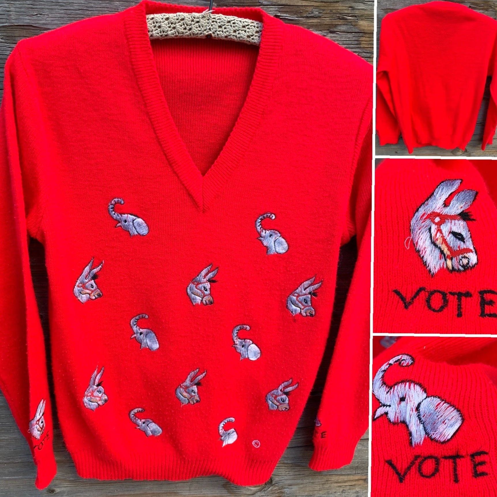 Vintage VINTAGE Donkey Elephant Vote V-Neck Sweater Long Sleeve Red Embroidered Pullover Women S Small Unbranded Knit Popover Size S / US 4 / IT 40 - 2 Thumbnail