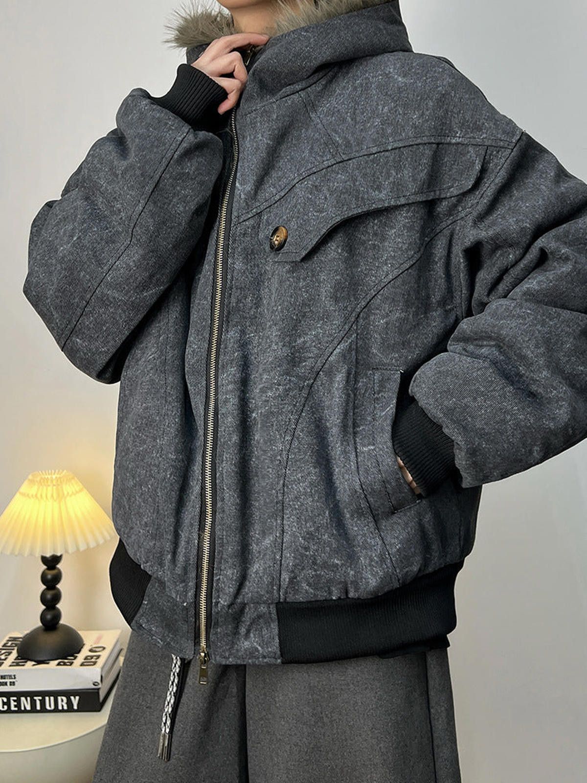 Japanese Brand Gray Hooded Bomber Jacket, Casual Oversized Winter Coat Size US L / EU 52-54 / 3 - 2 Thumbnail