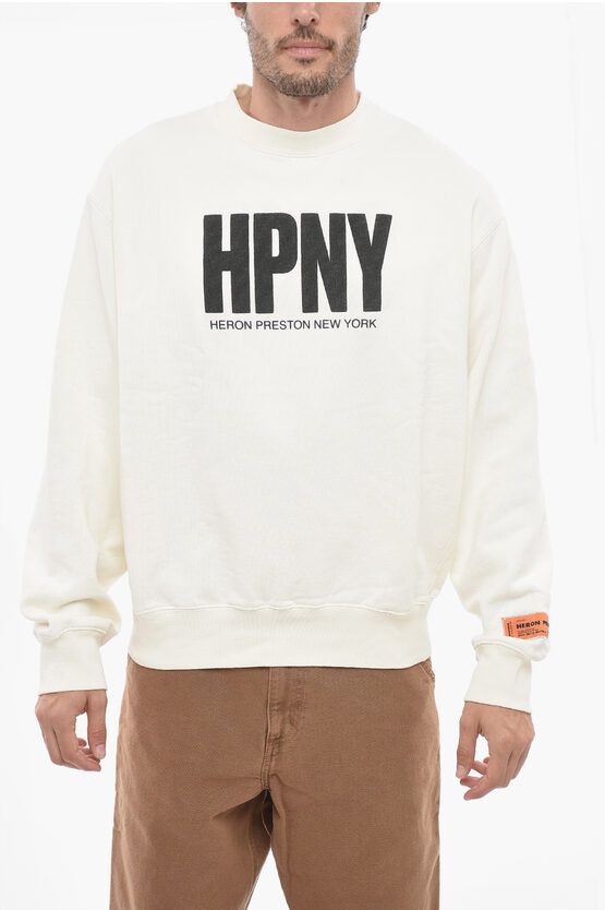 image of Heron Preston Cotton Crew-Neck Sweatshirt With Contrast Maxi Print in Beige, Men's (Size Medium)