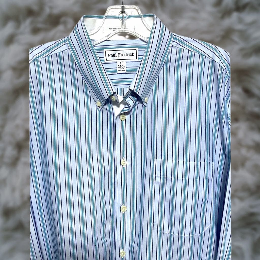 Vintage Paul Fredrick Non Iron Trim Fit Blue Striped Dress Shirt Mens 17 34-35 Career Size 46R - 1 Thumbnail
