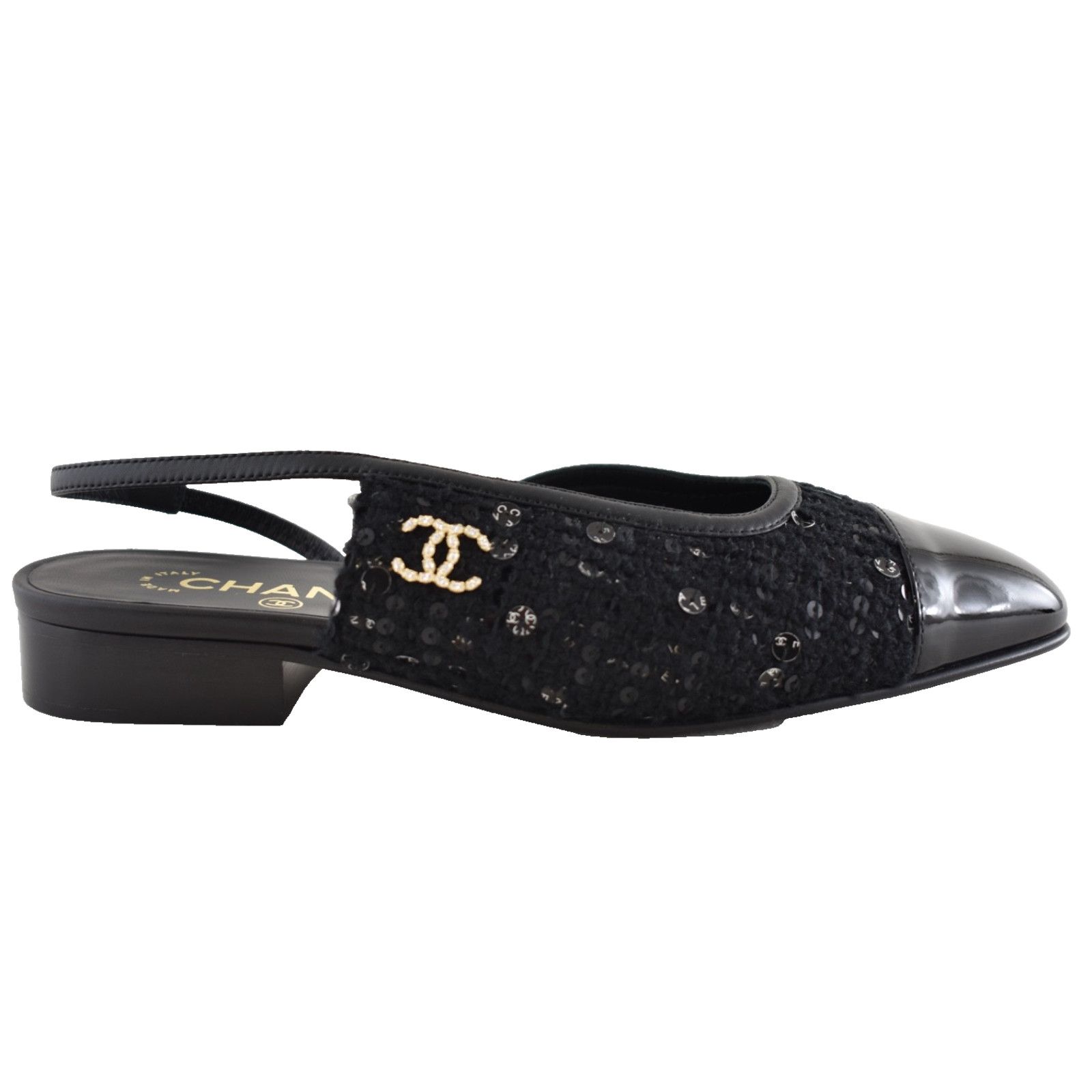 Chanel Chanel Black Wool Tweed Patent CC Slingback Flat 38 Size US 8 / IT 38 - 1 Thumbnail